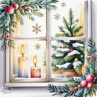 Christmas window with glowing candles and decorated tree branches—symbolizing peaceful reflection and practical steps for a meaningful holiday season focused on self-growth.