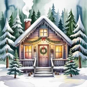 Snow-covered cabin with Christmas wreath and glowing lights—illustrating symbolic elements of Christmas that reflect warmth, renewal, and the spirit of self-growth.