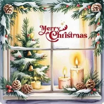 Cozy Christmas window scene with candles, pinecones, and a decorated tree—representing the deeper magic of Christmas and self-growth through reflection and gratitude.