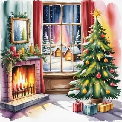 Cozy Christmas living room with glowing fireplace, decorated tree, and snowy village outside—representing the universal message of Christmas about love, hope, and self-growth.