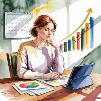 Woman reviewing charts and graphs on a tablet with a rising bar chart in the background—illustrating step 7, track progress and grow, in how to start a side hustle.