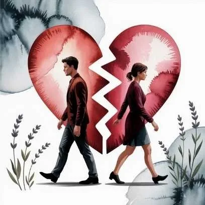 Illustration of a man and woman walking away from each other with a broken heart background—representing red flags and communication issues in modern dating.