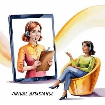Illustration of a woman providing virtual assistance online, showing virtual assistant work as a flexible side hustle for stay-at-home moms.