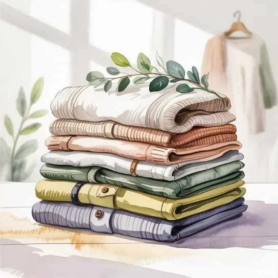 Stack of neatly folded eco-friendly clothes symbolizing what sustainable fashion means and how to start a conscious wardrobe.