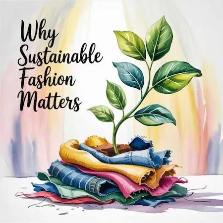 Plant growing from colorful fabric scraps illustrating why sustainable fashion matters in promoting eco-friendly and ethical clothing choices.