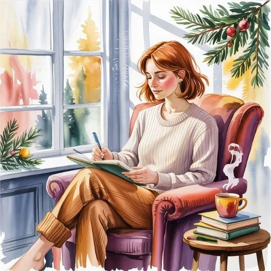 Woman sitting by a cozy Christmas window, writing in her journal for year-end reflection and goal setting.