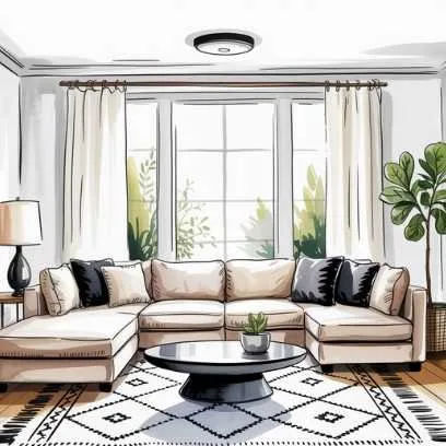 Modern cozy living room arranged for balance and flow, reflecting Feng shui spring cleaning principles.