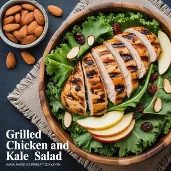 one of the nourishing anti-aging recipes for women over 40 to support energy and skin health : Anti-aging grilled chicken and kale salad with almonds, perfect for maintaining muscle mass after 40.