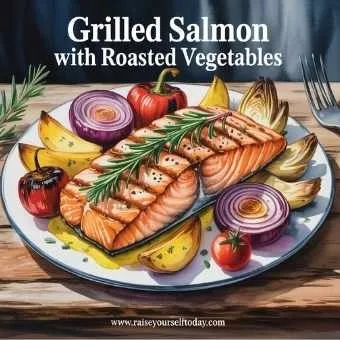 Grilled salmon with colorful roasted vegetables, rich in omega-3 for healthy aging -one of the nourishing anti-aging recipes for women over 40 to support energy and skin health.