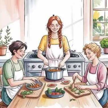 Friends cooking together — how hobbies improve your life through connection and joy.