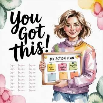 Smiling woman holding a planner labeled “My Action Plan,” symbolizing organization and motivation in reflection and goal setting.