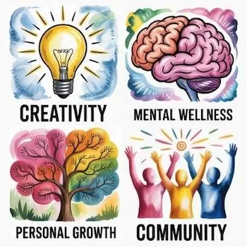Illustration of creativity, wellness, growth, and community — how hobbies improve your life in every aspect.