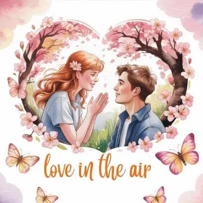 Couple surrounded by cherry blossoms and butterflies with text “love in the air” — representing confidence and openness in finding Mr. Right.