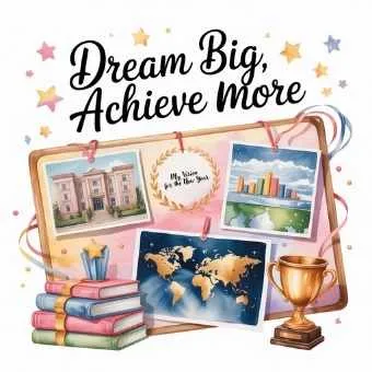 Vision board design with maps, trophy, and inspirational text “Dream Big, Achieve More” — demonstrates how to make a vision board that works effectively.
