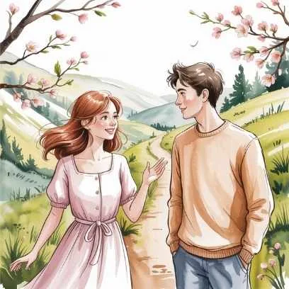 Couple walking together on a scenic path surrounded by spring blossoms — showing how romantic seasonal activities can help in finding Mr. Right.