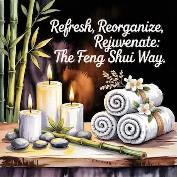 Candles and towels create a relaxing atmosphere symbolizing Feng shui spring cleaning for harmony and renewal.