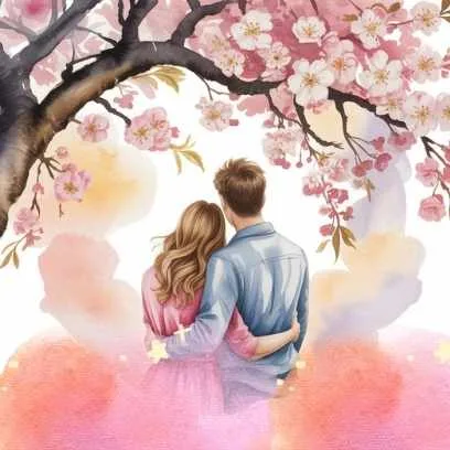 A couple sitting under blooming cherry blossoms, symbolizing clarity and alignment in finding Mr. Right and knowing what you’re truly looking for in love