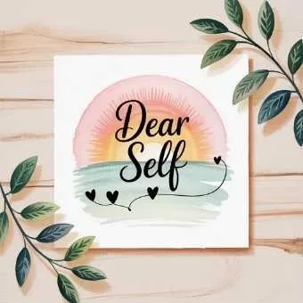 A watercolor card that says “Dear Self,” representing how to be your own valentine by practicing self-compassion and self-reflection.