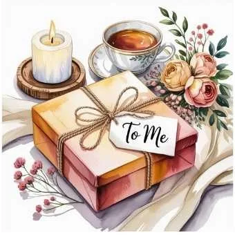 A beautifully wrapped gift beside a cup of tea and flowers, illustrating how to be your own valentine by treating yourself with love and care.
