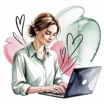 A smiling woman typing on her laptop surrounded by hearts, symbolizing how to be your own valentine through letting go of comparision, self-expression and creativity.