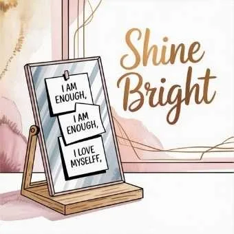 A mirror with affirmations saying “I am enough, I love myself,” representing how to be your own valentine by embracing positive self-talk.