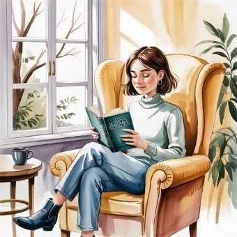 A woman sitting comfortably in an armchair reading a book, embodying how to be your own valentine by spending quality time alone.