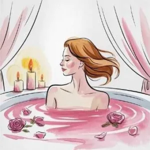 A relaxed woman enjoying a warm rose bath with candles, showing how to be your own valentine through soothing self-care rituals.
