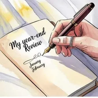 Close-up of a journal titled “My Year-End Review,” symbolizing reflection and goal setting through reviewing the past year’s lessons.