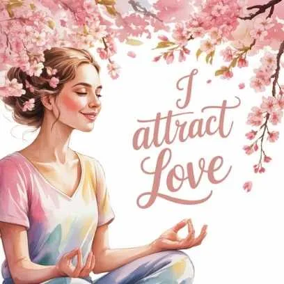 Woman meditating under cherry blossoms with text “I attract love” — symbolizing self-reflection and personal growth as the first step in finding Mr. Right.