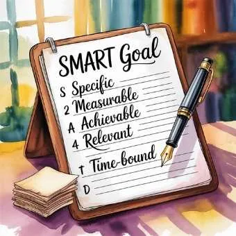 SMART goal checklist illustration showing specific, measurable goals that connect emotion and purpose in reflection and goal setting.