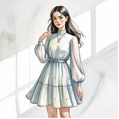 Light blue long-sleeve dress with a belt, reflecting soft elegance and comfort in spring fashion trends.