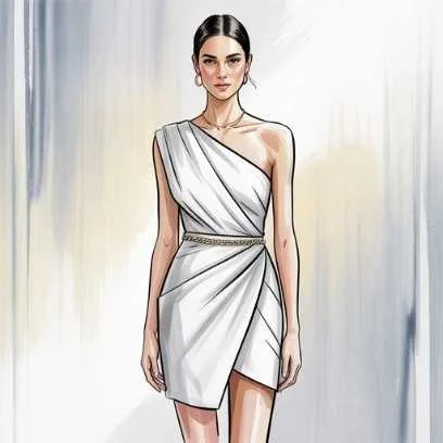 Woman in a white asymmetrical dress illustrating minimalist elegance and modern spring fashion trends.