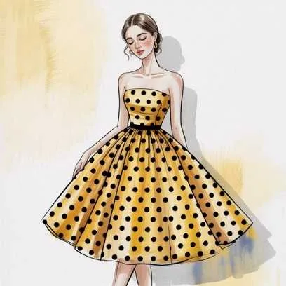 Yellow polka dot strapless dress — a cheerful and retro-inspired look from spring fashion trends.