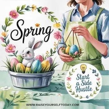 A woman arranging colorful Easter eggs in a basket, representing creative spring side hustles and easy seasonal ways to earn extra money.