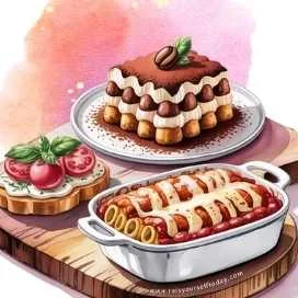 Italian-inspired Valentine’s Day dinner with bruschetta, spinach and ricotta stuffed shells, and classic tiramisu-watercolor illustration.