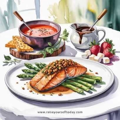 Cozy Valentine’s Day dinner featuring creamy tomato soup, herb-crusted salmon, and dark chocolate fondue—comfort food for a romantic night in, watercolor style illustration.