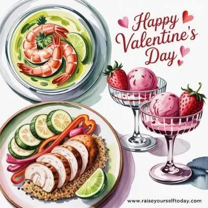 Light and fresh Valentine’s Day dinner featuring avocado shrimp ceviche, lemon herb chicken with quinoa, and strawberry champagne sorbet—perfect for a healthy and romantic celebration, watercolor illustration.