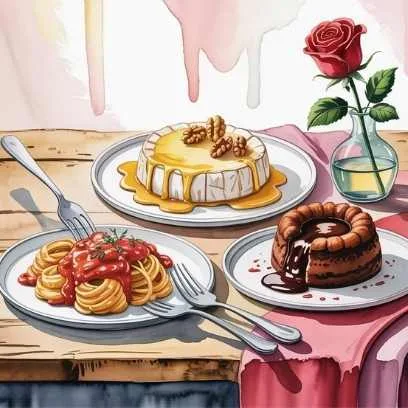Classic romantic Valentine’s Day dinner featuring baked brie with honey and walnuts, garlic butter shrimp pasta, and molten lava cake—perfect for a cozy evening at home.