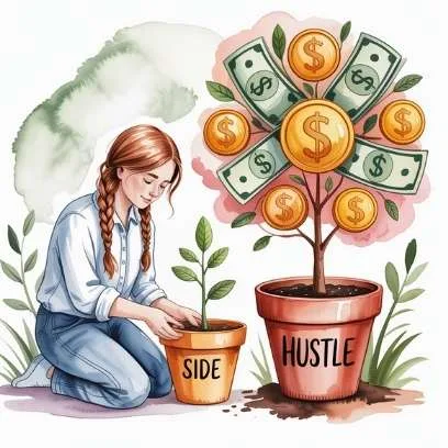 Young woman planting a “side hustle” money tree, illustrating the importance of building independence and why you need to make your own money.