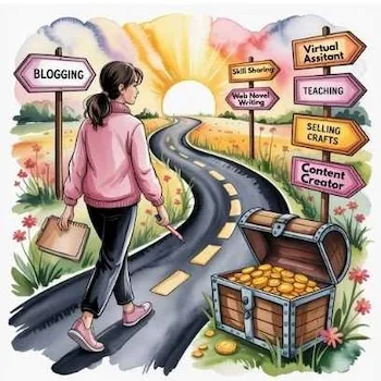 Woman choosing paths like blogging, virtual assistant, and content creation, showing diverse opportunities and why you need to make your own money.