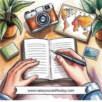 Hands writing in a journal surrounded by creative tools — how hobbies improve your life by inspiring reflection and growth.