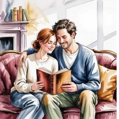 A couple sitting together on a sofa reading a book, showing emotional intimacy and celebrating authentic love in simple everyday moments.