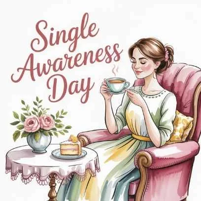 A woman sitting peacefully with tea and cake on Single Awareness Day, showing how finding love within brings peace and happiness.