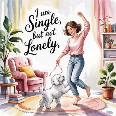 A happy woman dancing with her dog in her living room, representing finding love within and celebrating Valentine’s Day joyfully as a single soul.