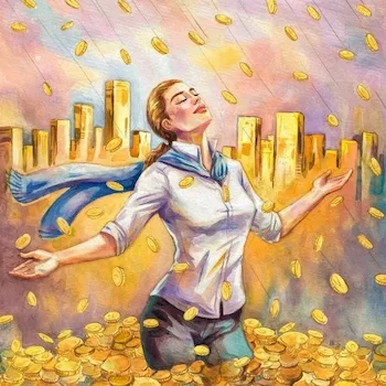 Healthy relationship with money illustration of a joyful woman standing with arms open as gold coins rain down, symbolizing financial abundance and a positive money mindset.