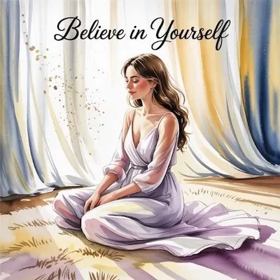 Woman meditating in a soft white dress with the words “Believe in Yourself,” symbolizing overcoming negative self-talk through affirmations.