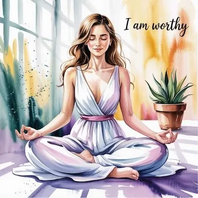 Woman in meditation with the affirmation “I am worthy,” reflecting mindful self-love and stopping negative self-talk.