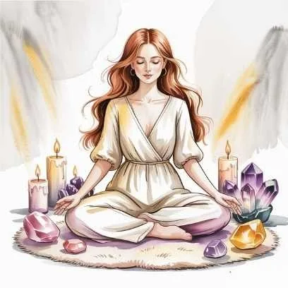 A woman meditating with crystals and candles, showing raise vibration & spiritual practices in a metaphysical guide to finding true love.
