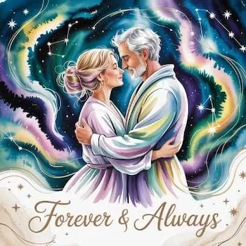 An older couple embracing under colorful cosmic lights, representing eternal love and a metaphysical guide to finding true love