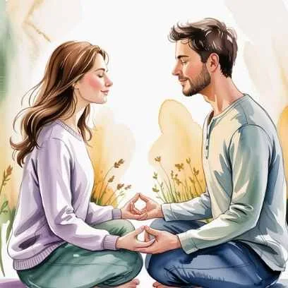 A couple sitting in meditation together, symbolizing inner love and transformation as part of a metaphysical guide to finding true love on Valentine’s Day.